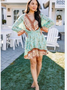 Umgee Boho Floral Dress Teal Mix Print Tie Front Long Sleeve Size Large